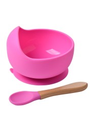 Baby Silicone Bowl Feeding Tableware Children Suction Bowl Plate Wooden Handle Silicone Spoon Dish Set For Baby Kitchen Utensils