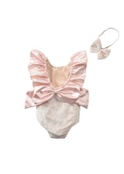 2022 Cute Ruffled Girls Swimwear With Bow Headband Kids Backless Bathing Suit Kids Beachwear