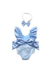 2022 Cute Ruffled Girls Swimwear With Bow Headband Kids Backless Bathing Suit Kids Beachwear