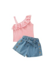 New Summer Girls Top + Denim Short Pants 2pcs Kids Outfits Clothes Toddler Children Costume For 1-6 Years