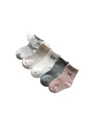 5 Pairs 0-8Y Baby Solid Socks Bowknot Cute Toddler Tube Socks Girl Cotton Breathable Stripe Toddler Socks Toddler Clothing Accessories