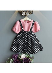 Summer 2022 Girl Suspender Set New Fashion Short Sleeve Polka Dot Girls Clothes College Elegant Set Kids Clothes