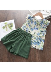 2022 Summer New Kids Clothes Fruit Print Casual Girls Clothing Set + Pants 2 Pack Fashion Ribbon Bow Set Toddler Clothing