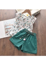 2022 Summer New Kids Clothes Fruit Print Casual Girls Clothing Set + Pants 2 Pack Fashion Ribbon Bow Set Toddler Clothing