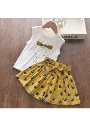 2022 Summer New Kids Clothes Fruit Print Casual Girls Clothing Set + Pants 2 Pack Fashion Ribbon Bow Set Toddler Clothing