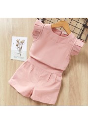 2022 Summer New Kids Clothes Fruit Print Casual Girls Clothing Set + Pants 2 Pack Fashion Ribbon Bow Set Toddler Clothing