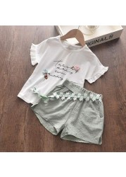 2022 Summer New Kids Clothes Fruit Print Casual Girls Clothing Set + Pants 2 Pack Fashion Ribbon Bow Set Toddler Clothing