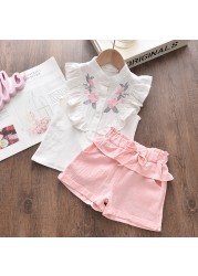 2022 Summer New Kids Clothes Fruit Print Casual Girls Clothing Set + Pants 2 Pack Fashion Ribbon Bow Set Toddler Clothing