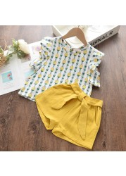 2022 Summer New Kids Clothes Fruit Print Casual Girls Clothing Set + Pants 2 Pack Fashion Ribbon Bow Set Toddler Clothing