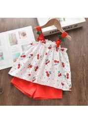 2022 Summer New Kids Clothes Fruit Print Casual Girls Clothing Set + Pants 2 Pack Fashion Ribbon Bow Set Toddler Clothing