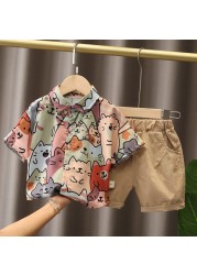 Summer Boy Sets Fashion Cartoon Graffiti Printing Unisex T-shirts and Pants 2pcs Children's Clothing Boys Casual Clothes Suits