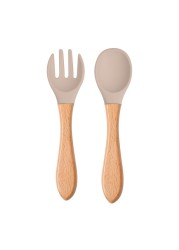 2pcs silicone tips baby feeding training spoon and fork set with wooden handle