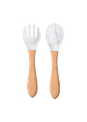 2pcs silicone tips baby feeding training spoon and fork set with wooden handle