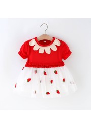 Cute Summer Short Sleeve Strawberry Print Dress Baby Kids Holiday Party Dresses Tulle Princess Dress For Girls