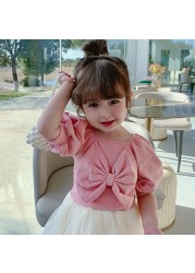 Summer girls cute casual T-shirt baby sweet bubble sleeve princess clothes big bow short sleeve top