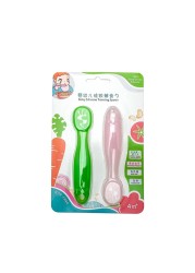 2pcs Lovely Baby Learning Spoon Set Baby Toddler Anti-slip Feeding Training Utensils Tableware Silicone Teether