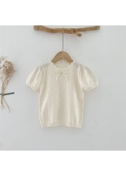 Children Girls Summer Tops Tees Girls Knitted Thin Cotton T-shirt Lovely Vintage Puff Sleeve Tops For Baby Girl