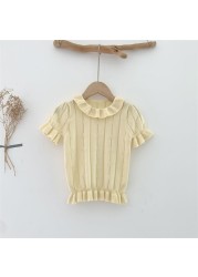 Children Girls Summer Tops Tees Girls Knitted Thin Cotton T-shirt Lovely Vintage Puff Sleeve Tops For Baby Girl