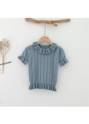 Children Girls Summer Tops Tees Girls Knitted Thin Cotton T-shirt Lovely Vintage Puff Sleeve Tops For Baby Girl