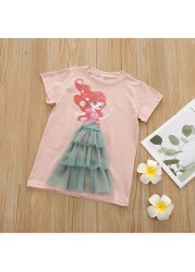 Fashion Summer Kids Clothes Cartoon Short Sleeve Princess Mesh Dress Baby Girls Birthday Costume Korean Pretty Vestidos