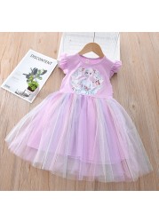 Fashion Summer Kids Clothes Cartoon Short Sleeve Princess Mesh Dress Baby Girls Birthday Costume Korean Pretty Vestidos