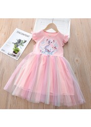 Fashion Summer Kids Clothes Cartoon Short Sleeve Princess Mesh Dress Baby Girls Birthday Costume Korean Pretty Vestidos