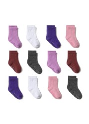 Non-Slip Baby Socks 12 Pairs with Grip for Boys Girls Toddler Infant Kids Anti-Slip Cotton Crew Socks 1-7 Years