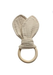 Baby Wooden Hand Grasp Soft Toy Cotton Cute Rabbit Ears Teether Comfortable Bracelet Teething Toy Sensory Rattle Gif