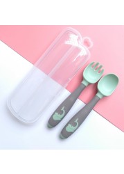 Silicone Baby Spoon Fork Kids Cutlery Set Cartoon Cute Utensil Baby Learning Training Spoon Infant Soft Fork