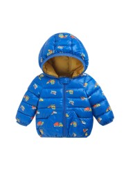 Cartoon Dinosaur Flower Print Hooded Cotton Down Jacket Baby Winter Cartoon Windproof Coat Hooded Warm Outerwear Jacket Freeship