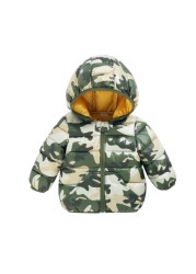 Cartoon Dinosaur Flower Print Hooded Cotton Down Jacket Baby Winter Cartoon Windproof Coat Hooded Warm Outerwear Jacket Freeship