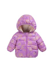 Cartoon Dinosaur Flower Print Hooded Cotton Down Jacket Baby Winter Cartoon Windproof Coat Hooded Warm Outerwear Jacket Freeship