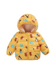 Cartoon Dinosaur Flower Print Hooded Cotton Down Jacket Baby Winter Cartoon Windproof Coat Hooded Warm Outerwear Jacket Freeship