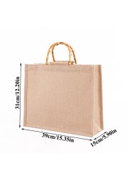 Portable Burlap Shopping Bag Jute Handbag Bamboo Ring Retro Carry Handles DIY Handbag Women Large Size Beach Bag for Girls