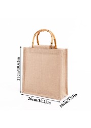 Portable Burlap Shopping Bag Jute Handbag Bamboo Ring Retro Carry Handles DIY Handbag Women Large Size Beach Bag for Girls