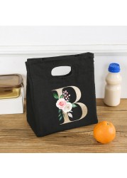 Rose Flower Letters A-Z Canvas Lunch Bag Harajuku Insulated Functional Thermal Pouch Cooler Bags for Women Funny Kid Picnic Box