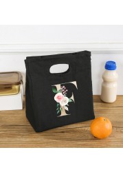 Rose Flower Letters A-Z Canvas Lunch Bag Harajuku Insulated Functional Thermal Pouch Cooler Bags for Women Funny Kid Picnic Box