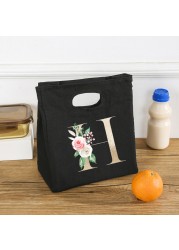 Rose Flower Letters A-Z Canvas Lunch Bag Harajuku Insulated Functional Thermal Pouch Cooler Bags for Women Funny Kid Picnic Box