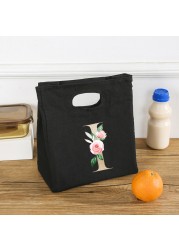 Rose Flower Letters A-Z Canvas Lunch Bag Harajuku Insulated Functional Thermal Pouch Cooler Bags for Women Funny Kid Picnic Box