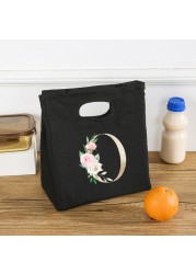 Rose Flower Letters A-Z Canvas Lunch Bag Harajuku Insulated Functional Thermal Pouch Cooler Bags for Women Funny Kid Picnic Box