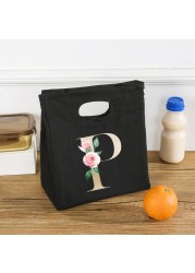 Rose Flower Letters A-Z Canvas Lunch Bag Harajuku Insulated Functional Thermal Pouch Cooler Bags for Women Funny Kid Picnic Box