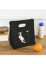 Rose Flower Letters A-Z Canvas Lunch Bag Harajuku Insulated Functional Thermal Pouch Cooler Bags for Women Funny Kid Picnic Box