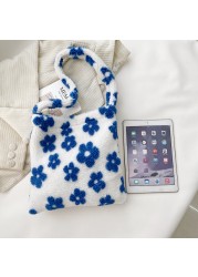 Stylish design plush flower pattern women tote bag handbags shoulder bag ladies large capacity simple fashion female bag