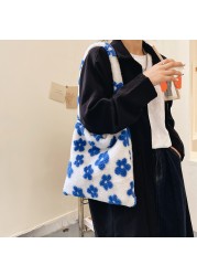 Trend plush women bag flower print elegant designer shoulder shopper bag female autumn and winter large capacity tote handbags