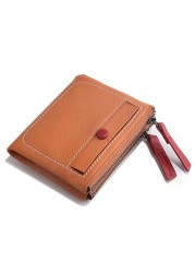 Women's Short Leather Wallet Korean Style Fashion Double Zipper Coin Purse First Layer Cowhide Multi Card Slot Women's Wallet