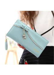 PU long wallet leather wallet women card holder purse sweet bow cute cat pendant tassel ladies clutch phone money coin bag portemonny