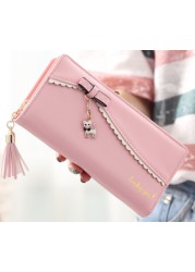 PU long wallet leather wallet women card holder purse sweet bow cute cat pendant tassel ladies clutch phone money coin bag portemonny