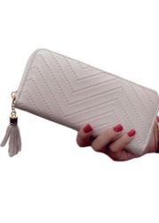 Women Long Wallets Clutch White High Quality Leather Tassel Ladies Zipper Bag Phone Coin Cash Receipt Card Holder