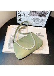 Women Nylon Underarm Shoulder Bags Solid Color Pearl Small Bags Clutch Fashion Simple Design Shoulder Bag Underarm Bags For Women