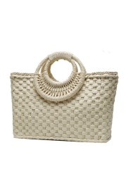 bohemian women summer beach woven straw handbag with round top handle travel vacation weave zipper large top basket bag